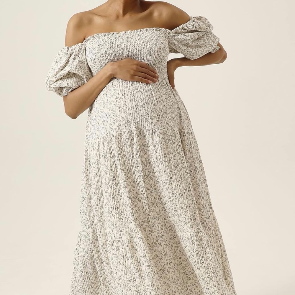 Smocked Floral Maxi Maternity Dress - Cream Floral - Picture 2 of 2